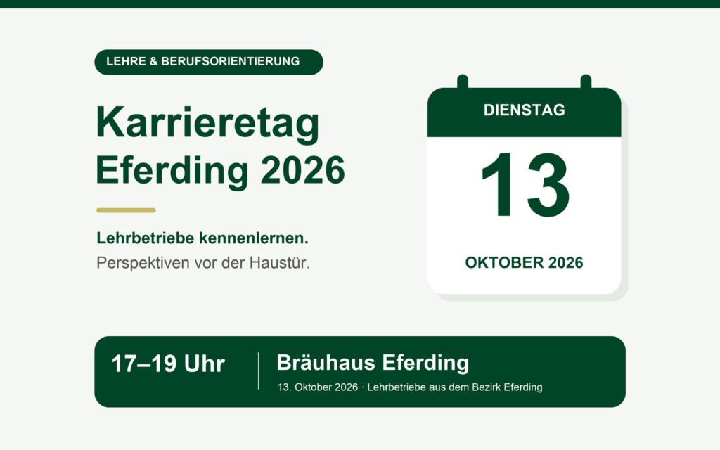KI-gestaltete Termin-Grafik: Karrieretag Eferding am Dienstag, 13. Oktober 2026, von 17 bis 19 Uhr im Bräuhaus Eferding.