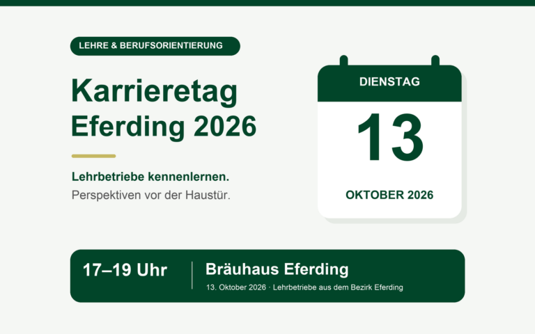 KI-gestaltete Termin-Grafik: Karrieretag Eferding am Dienstag, 13. Oktober 2026, von 17 bis 19 Uhr im Bräuhaus Eferding.